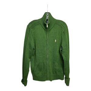 Vintage Ralph Lauren Sport Green Cable Knit Full Zip Cardigan Sweater Size Xl
